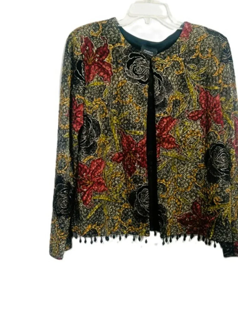 Dressbarn Collection Ladies Eve Open Jacket XL Black Red and Gold Floral Read